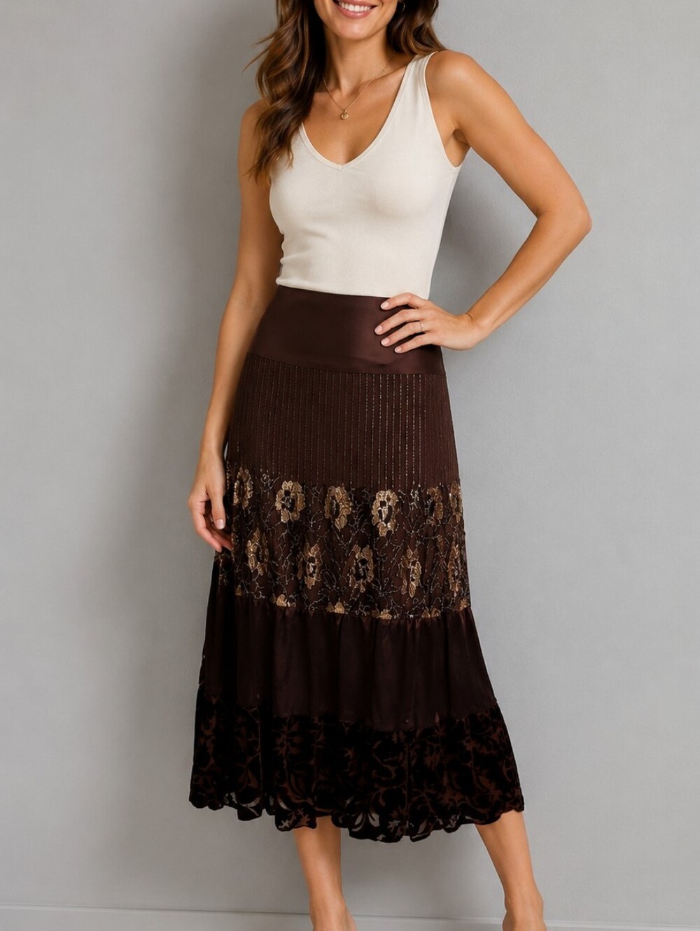 SPENSER JEREMY Dark Brown Gold Metallic Satin Lace Velvet Silk Goth Skirt